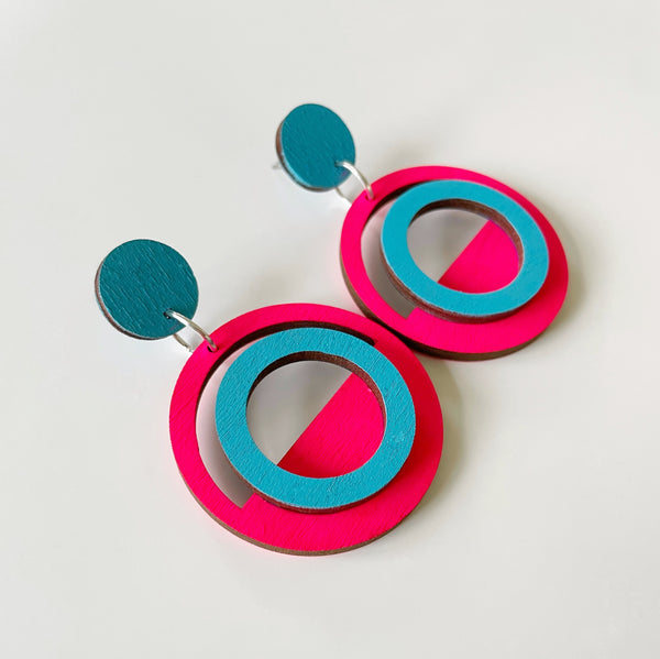 Pablo plywood earring - Blue & pink