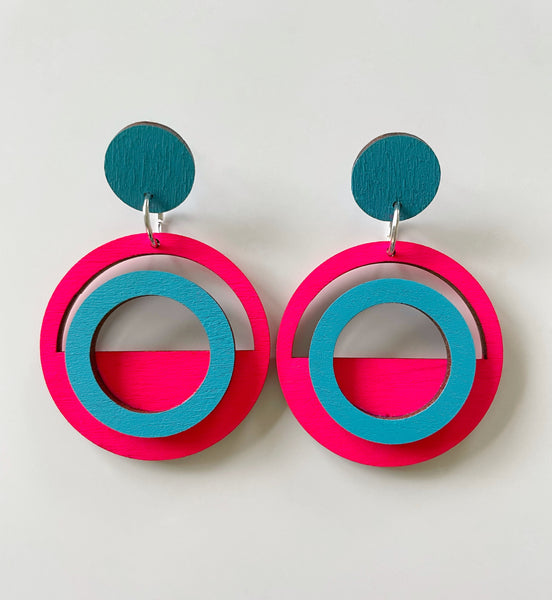 Pablo plywood earring - Blue & pink
