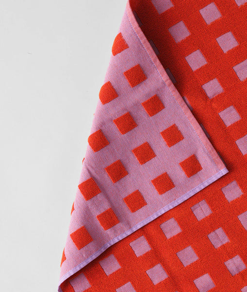 Squares Lilac & Warm Red tea towel