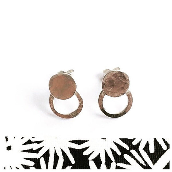 Silver hammered stud hoop earrings
