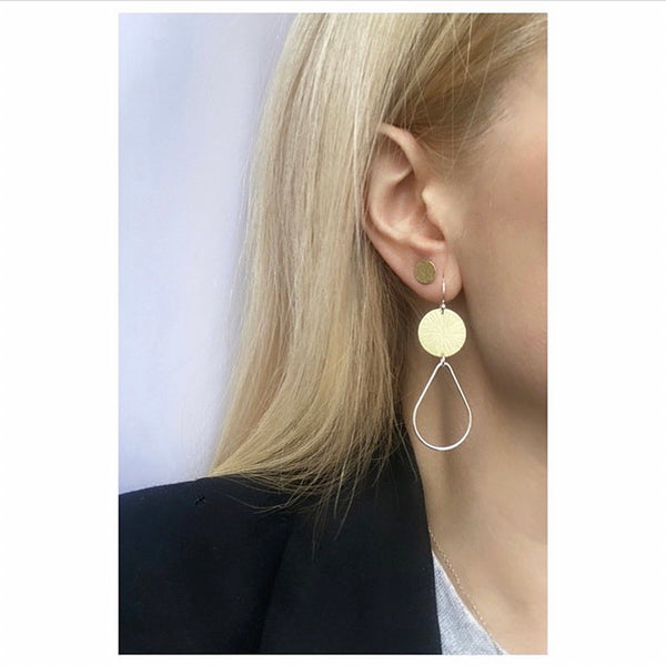 Brass disc and silver drop dangle earrings