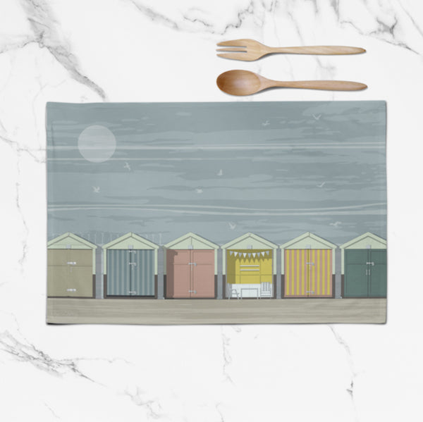 Beach Huts tea towel