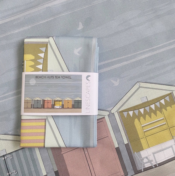 Beach Huts tea towel