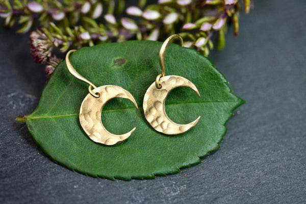 Hammered brass crescent moon earring  for