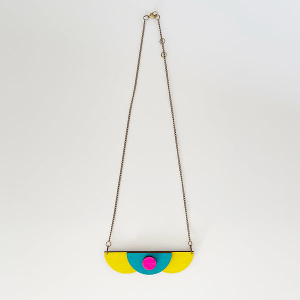 Met Teal, neon pink & yellow plywood necklace