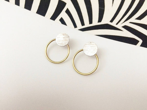 Silver and brass stud hoop earrings