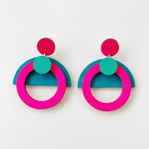 Morse neon pink, mint & teal plywood earring