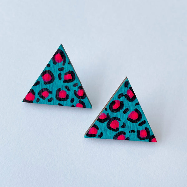 Plywood teal, pink and black leopard print triangle studs