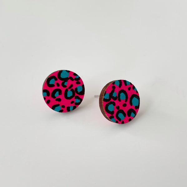 Plywood neon pink, teal & black leopard print studs