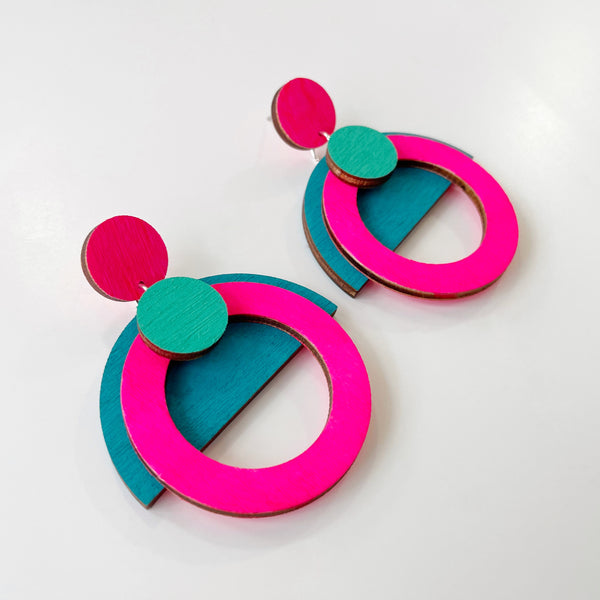 Morse neon pink, mint & teal plywood earring