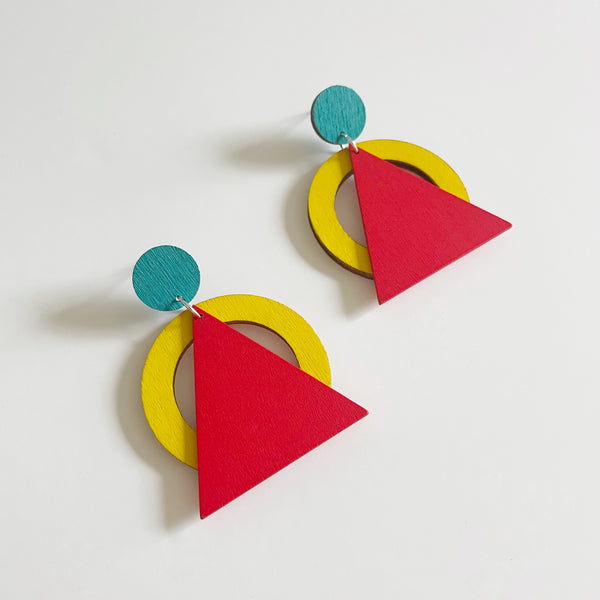 Hip yellow, red and teal plywood earring