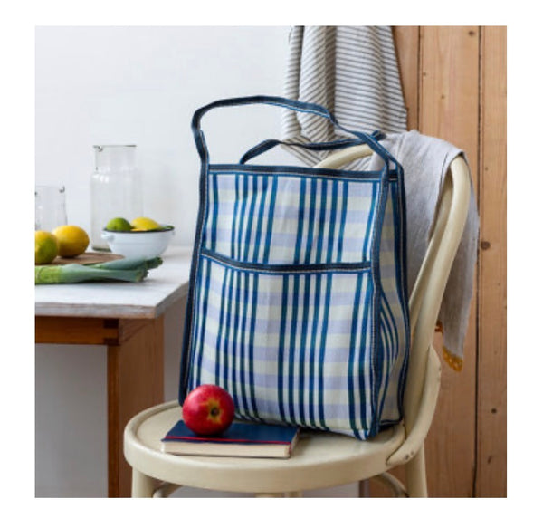 Recycled Woven Bag with Side Pocket - Blue and White