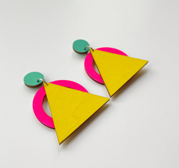 Hip neon pink, yellow and mint plywood earring