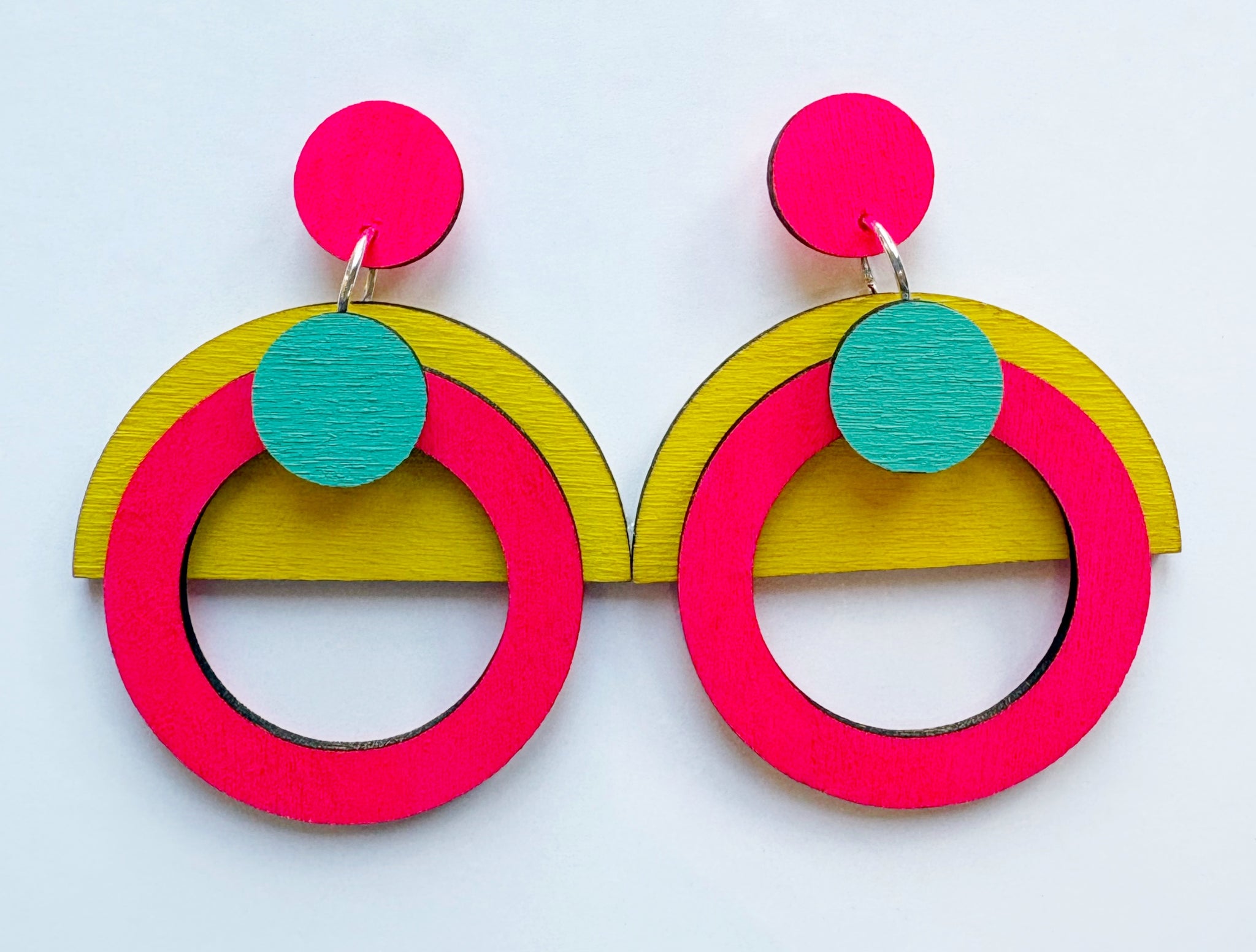 Morse neon pink, mint & yellow plywood earring