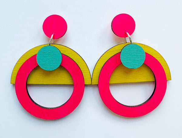 Morse neon pink, mint & yellow plywood earring