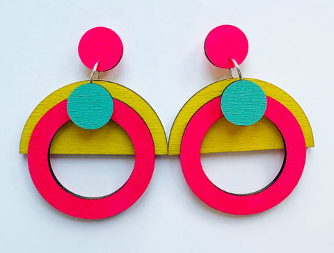 Morse neon pink, mint & yellow plywood earring