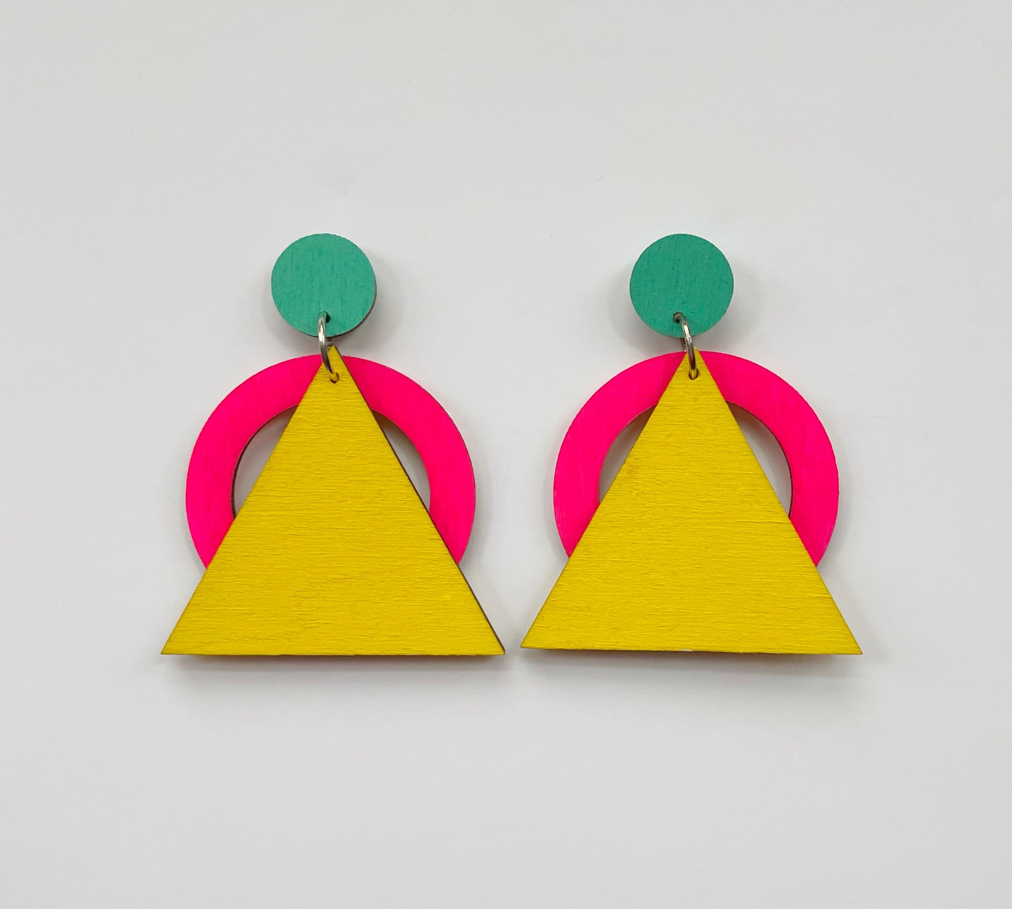 Hip neon pink, yellow and mint plywood earring