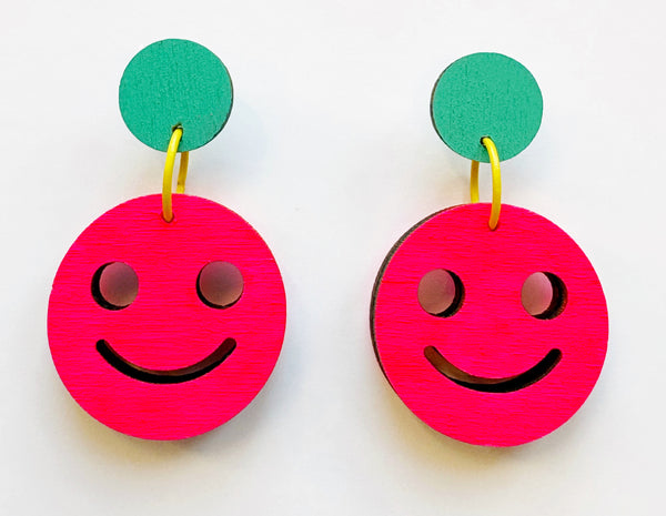 Smiley pink plywood earrings