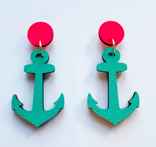 Anchor- mint and pink plywood earrings