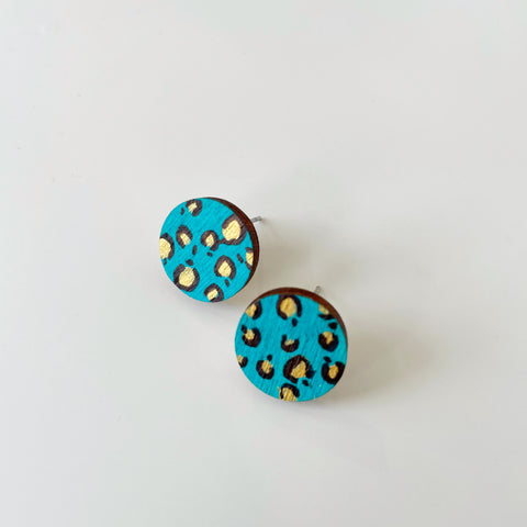 Plywood teal, gold & black leopard print studs