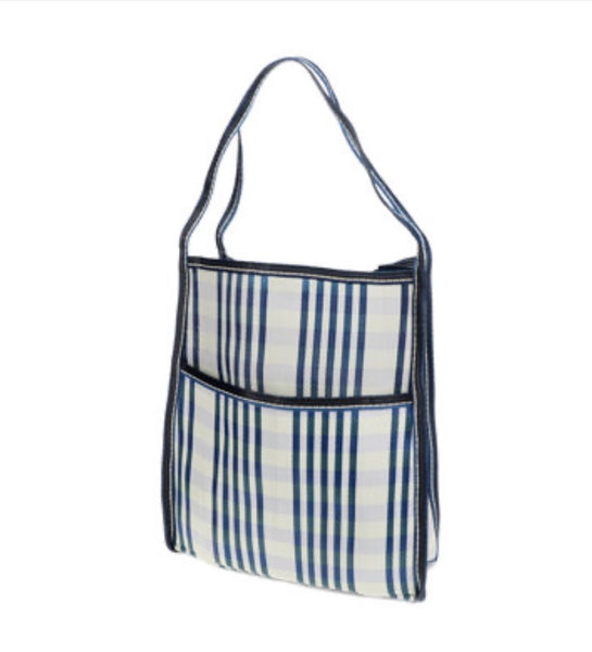 Recycled Woven Bag with Side Pocket - Blue and White