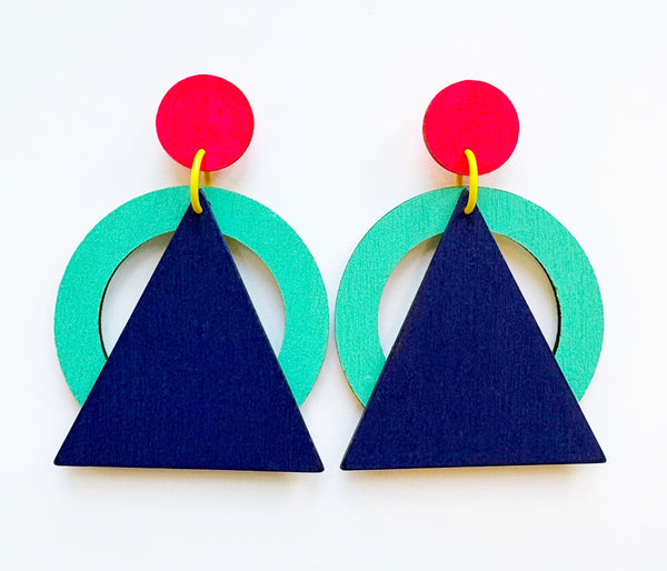 Hip - navy, mint and pink plywood earrings
