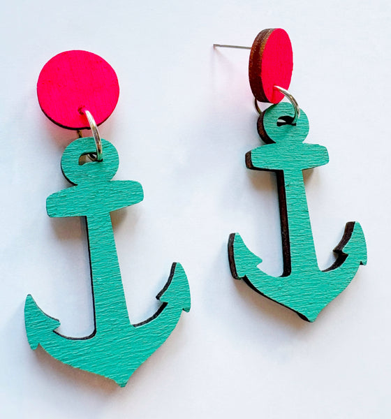 Anchor- mint and pink plywood earrings