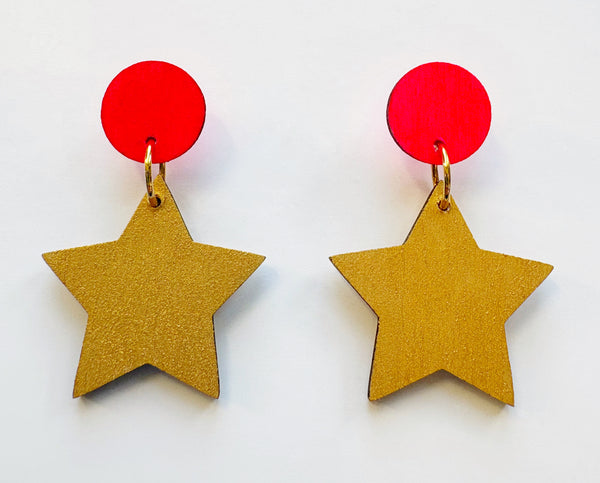 Star metallic gold & neon pink plywood dangle