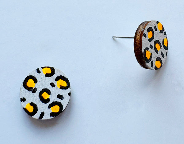 Plywood white, orange & black leopard print studs