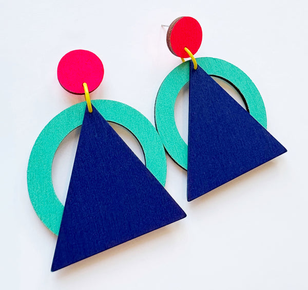 Hip - navy, mint and pink plywood earrings