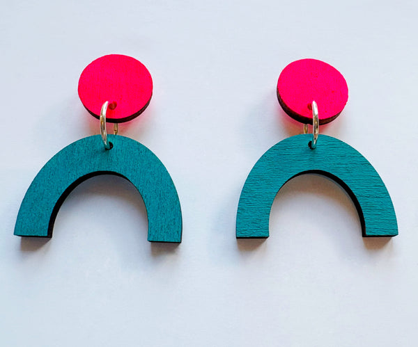 Arc pink & teal plywood earring