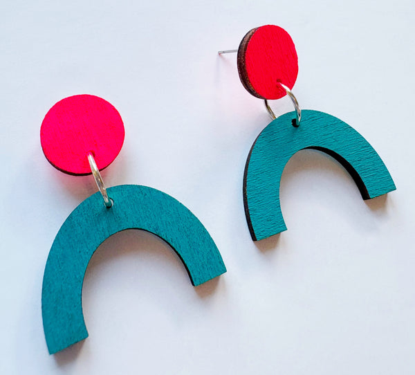 Arc pink & teal plywood earring
