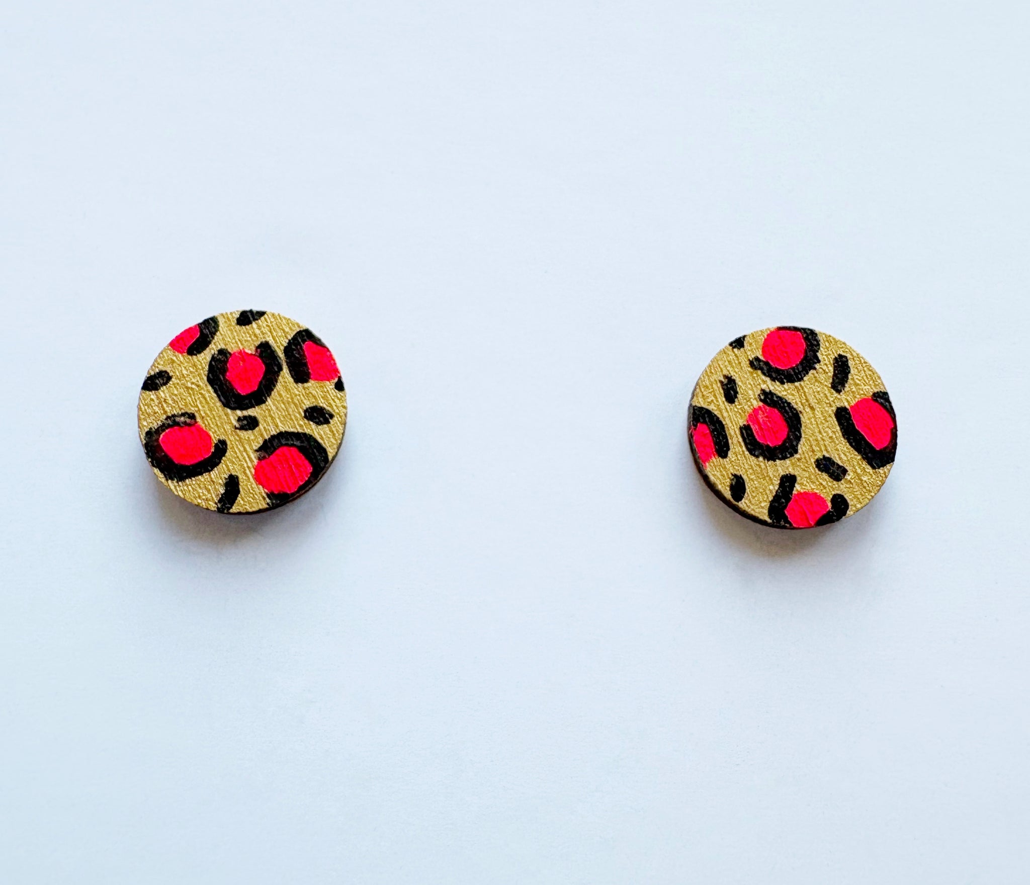 Plywood gold, pink & black leopard print studs