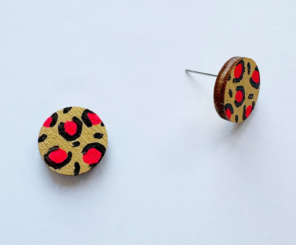 Plywood gold, pink & black leopard print studs