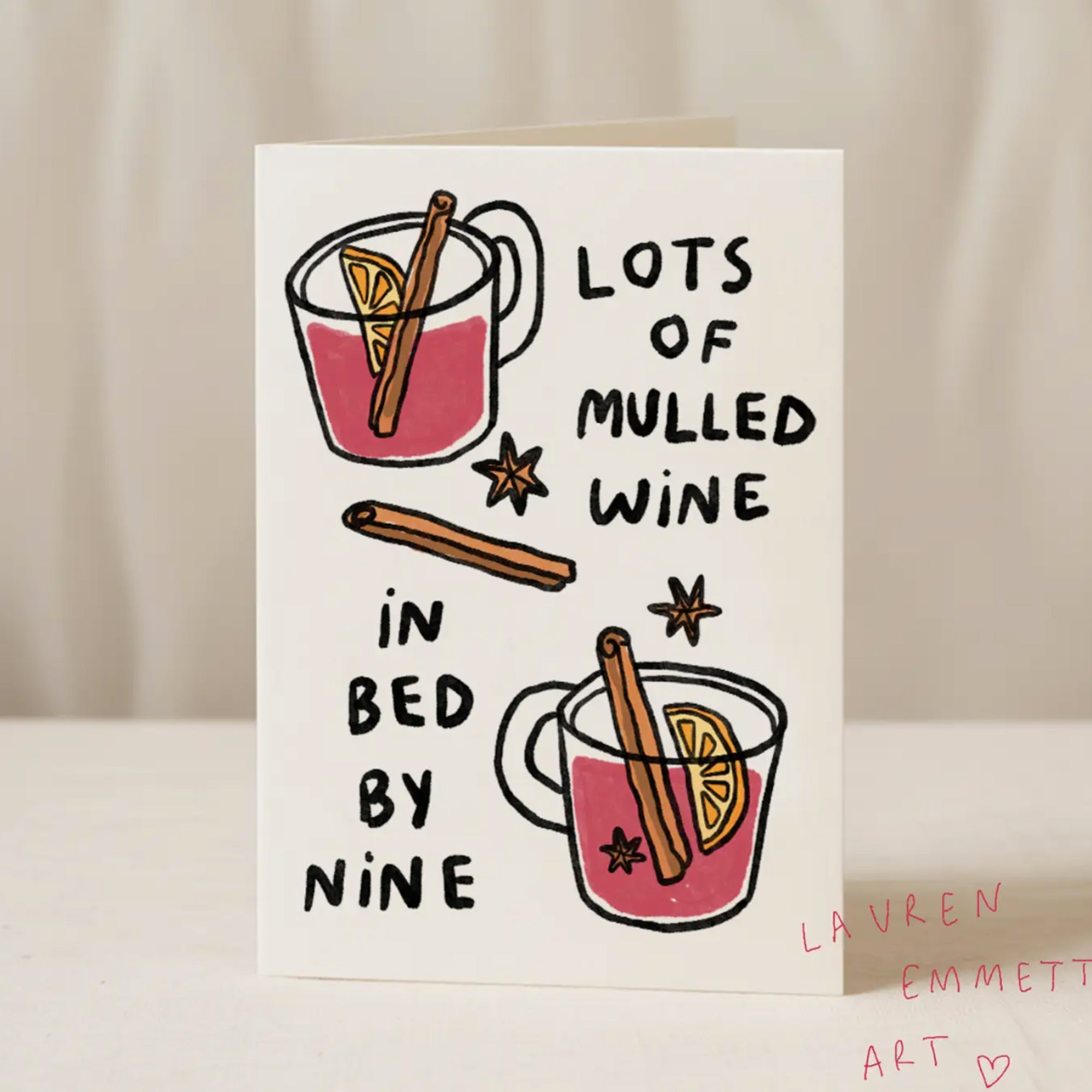 Lots of Mulled Wine in Bed By Nine Christmas card