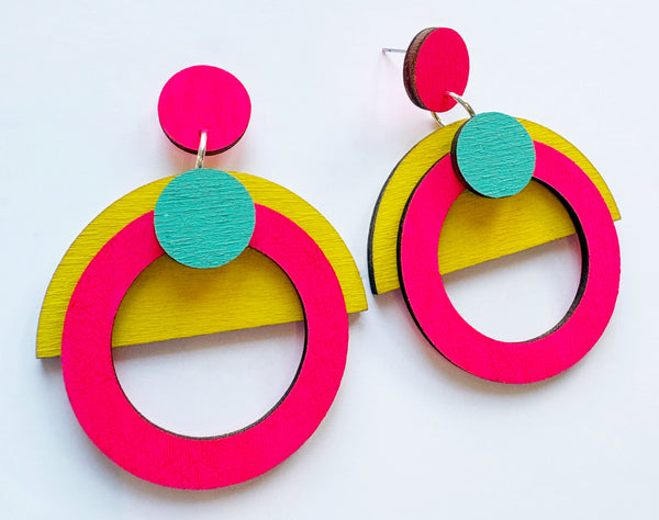 Morse neon pink, mint & yellow plywood earring
