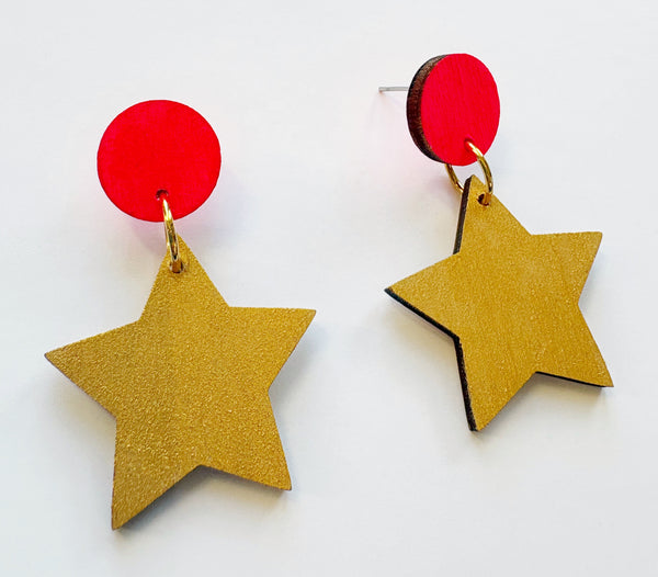 Star metallic gold & neon pink plywood dangle