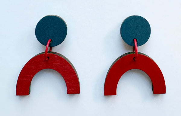 Arc grey & red plywood earring