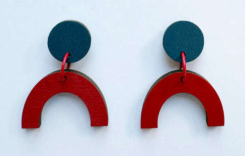 Arc grey & red plywood earring