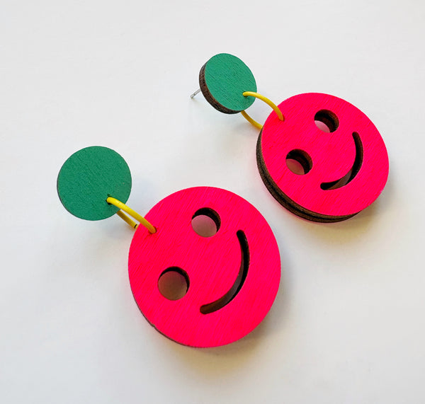 Smiley pink plywood earrings