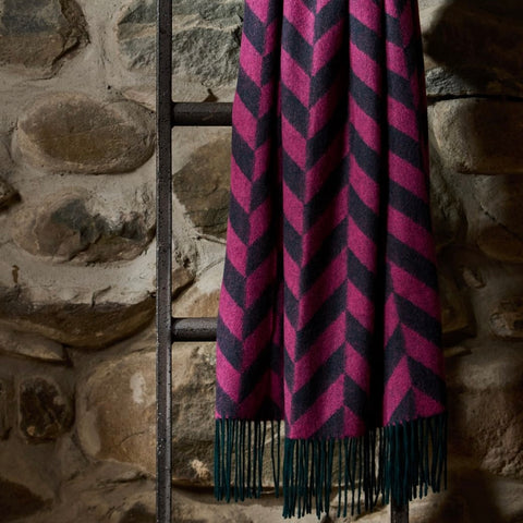 Lambswool Chunky Herringbone Scarf -  emerald and pink