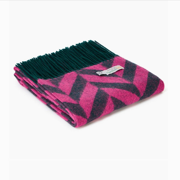 Lambswool Chunky Herringbone Scarf -  emerald and pink