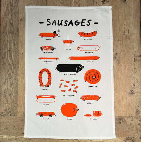 Sausages tea towel