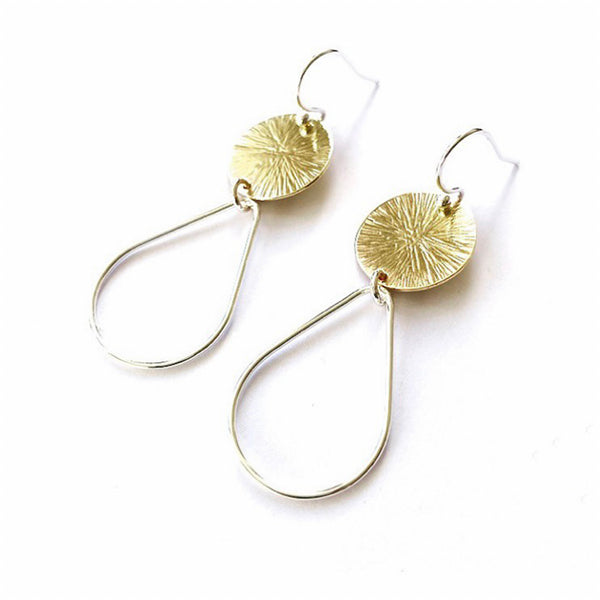 Brass disc and silver drop dangle earrings