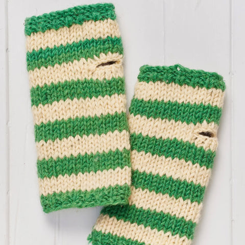 Green Striped Hand Knitted Fleece Lined Handwarmers
