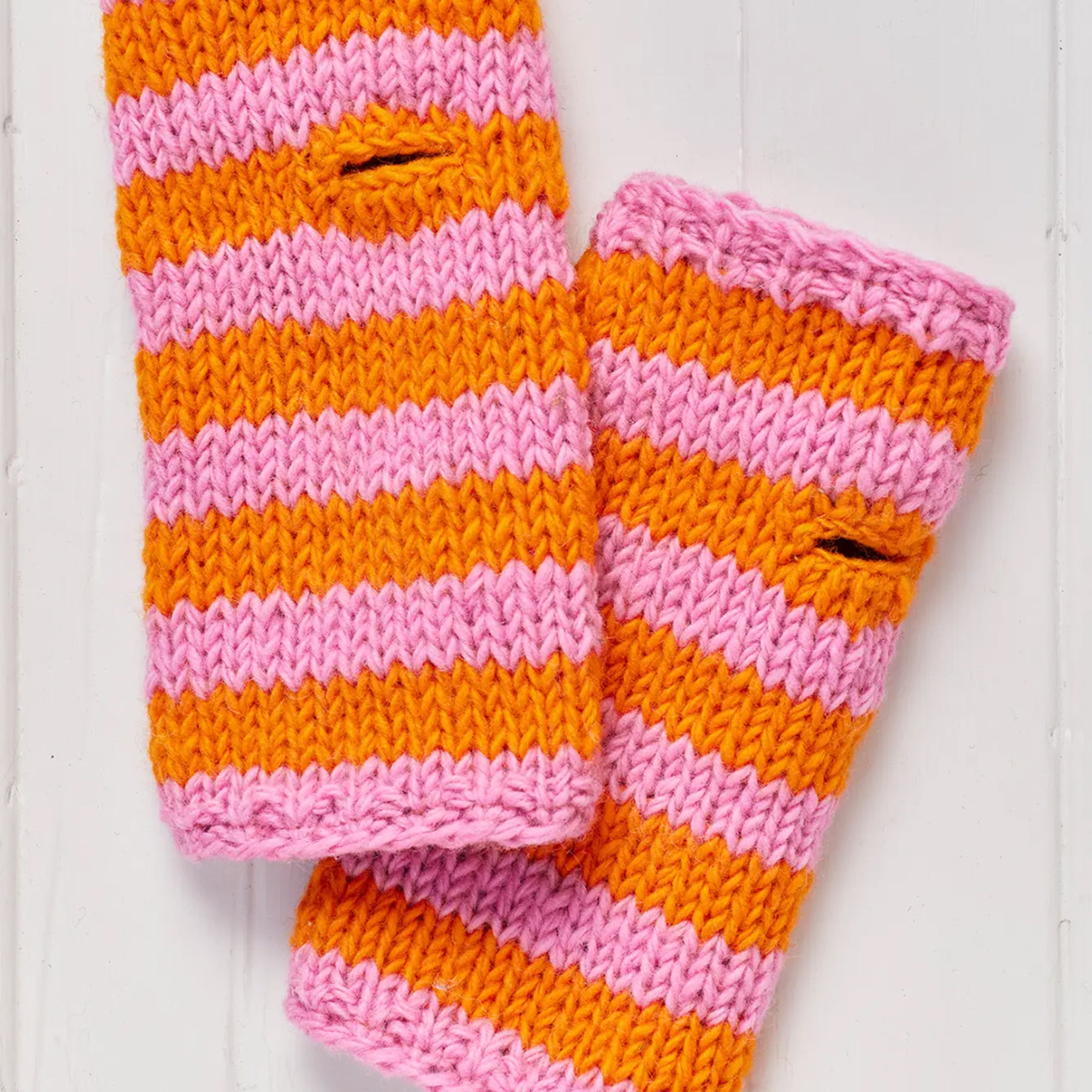 Pink Striped Hand Knitted Fleece Lined Handwarmers