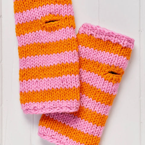Pink Striped Hand Knitted Fleece Lined Handwarmers