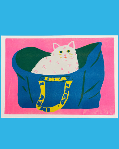 White Ikea Cat A3 riso print