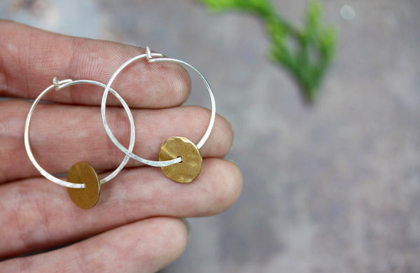 Small silver hoops with brass disc