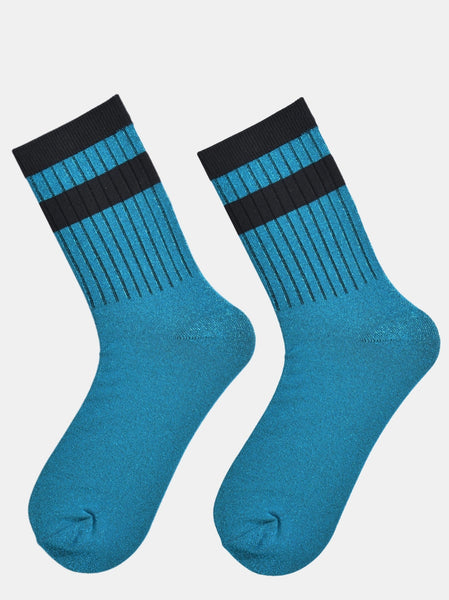 Women's Glitter Socks - Teal and Black Stripe Cuff